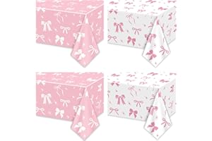 APUXXJUPA 4 Pcs Pink Bow Table Cloths, 51 x 86 '' White and Pink Bow Birthday Decorations for Coquette Birthday Decorations Baby Shower Party Supplies