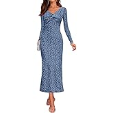 ZESICA Women's Fall Floral Long Sleeve Bodycon Dress 2026 Elegant V Neck Cocktail Party Long Midi Dresses