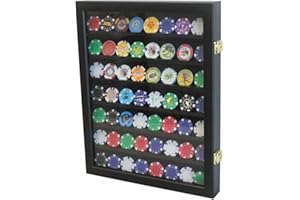 DisplayGifts Casino Coin Poker Chips Display Case Military Medal Pin Display Wall Cabinet Holder Wooden Box with 98% UV Protection Door, Lockable with Key Solid Wood Frame (Black Finish)