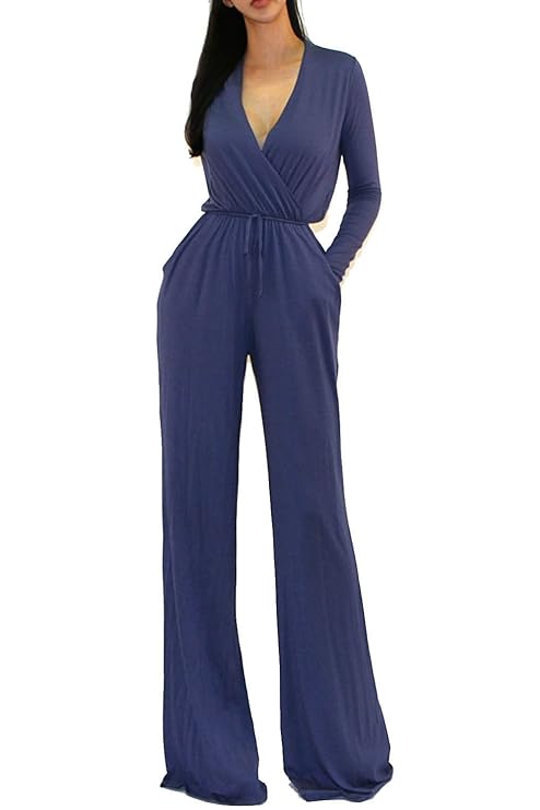 Vivicastle Women's Sexy Wrap Top Wide Leg Long Sleeve Cocktail Knit Jumpsuit (Large, Denim)