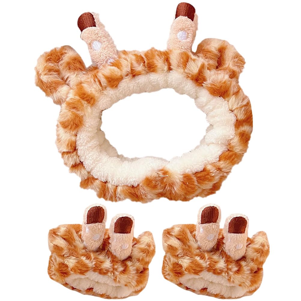 FOMIYES Face Wash Headband: Giraffe Headband with 2 Wristbands - Animal Spa Makeup Wristbands Set, Women Cosmetic Headwrap for Spa Yoga Makeup Washing Face
