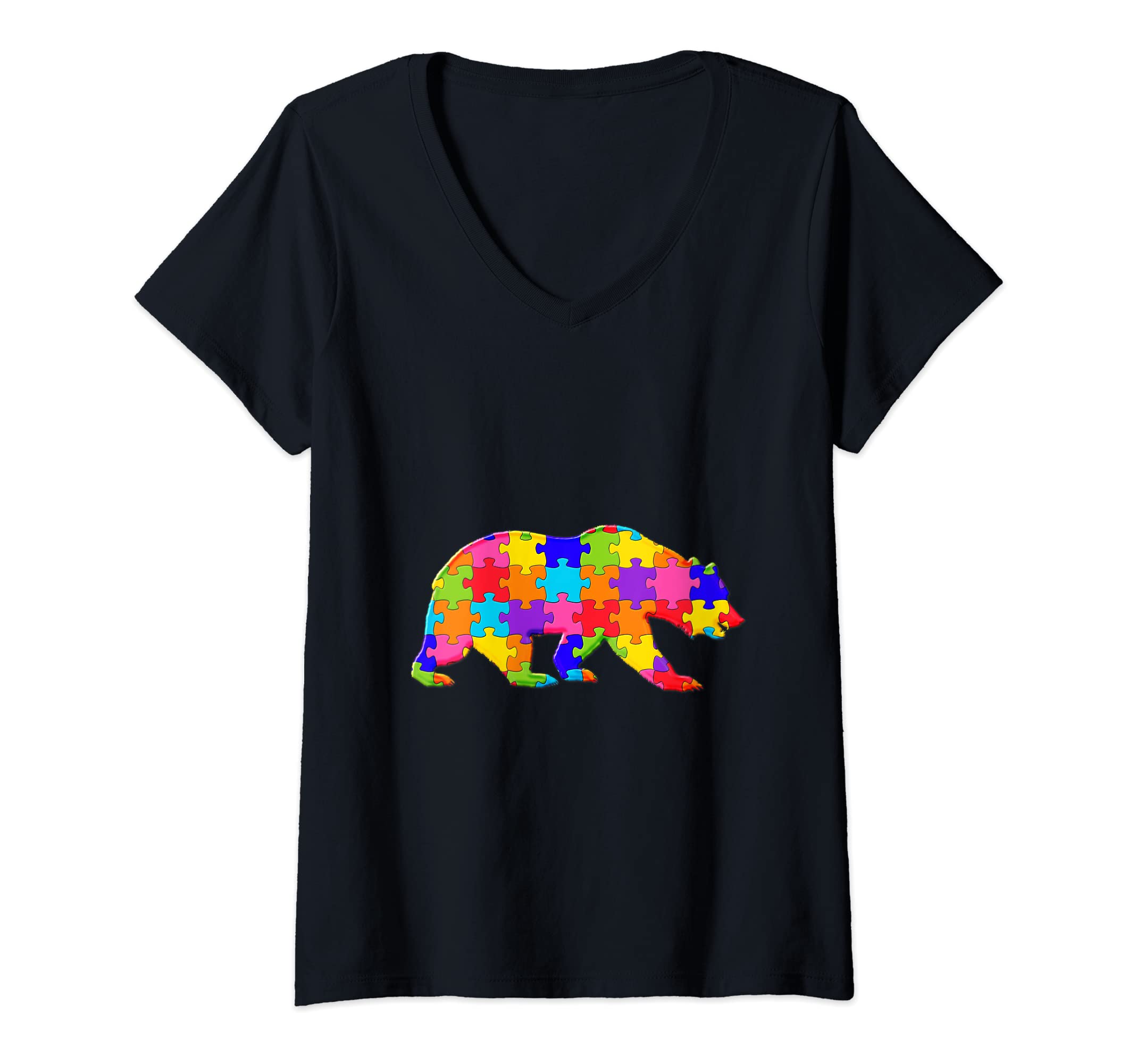 Womens Bear Animal Jigsaw Autism Puzzle V-Neck T-Shirt