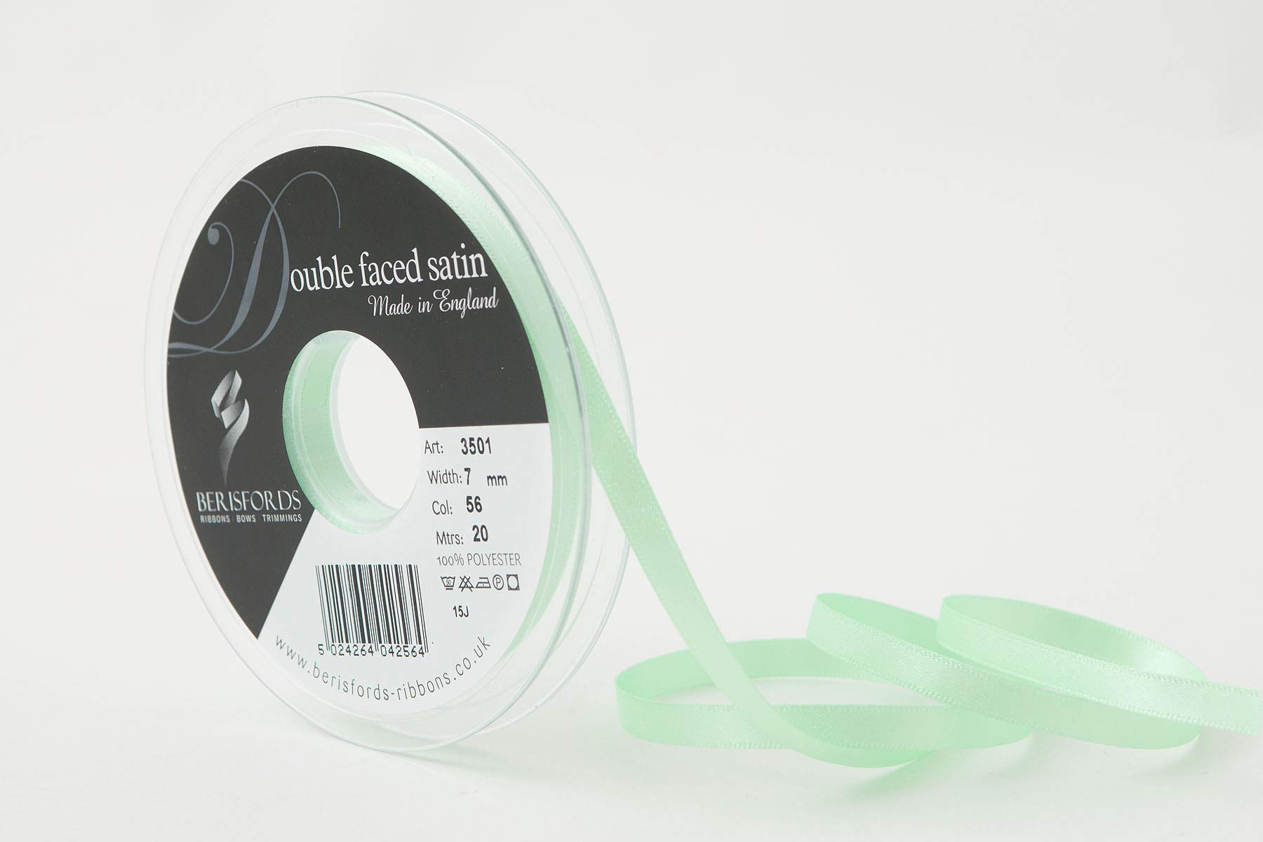 Berisfords Double FACE Poly Satin Ribbon, Mint Green, 7 mm