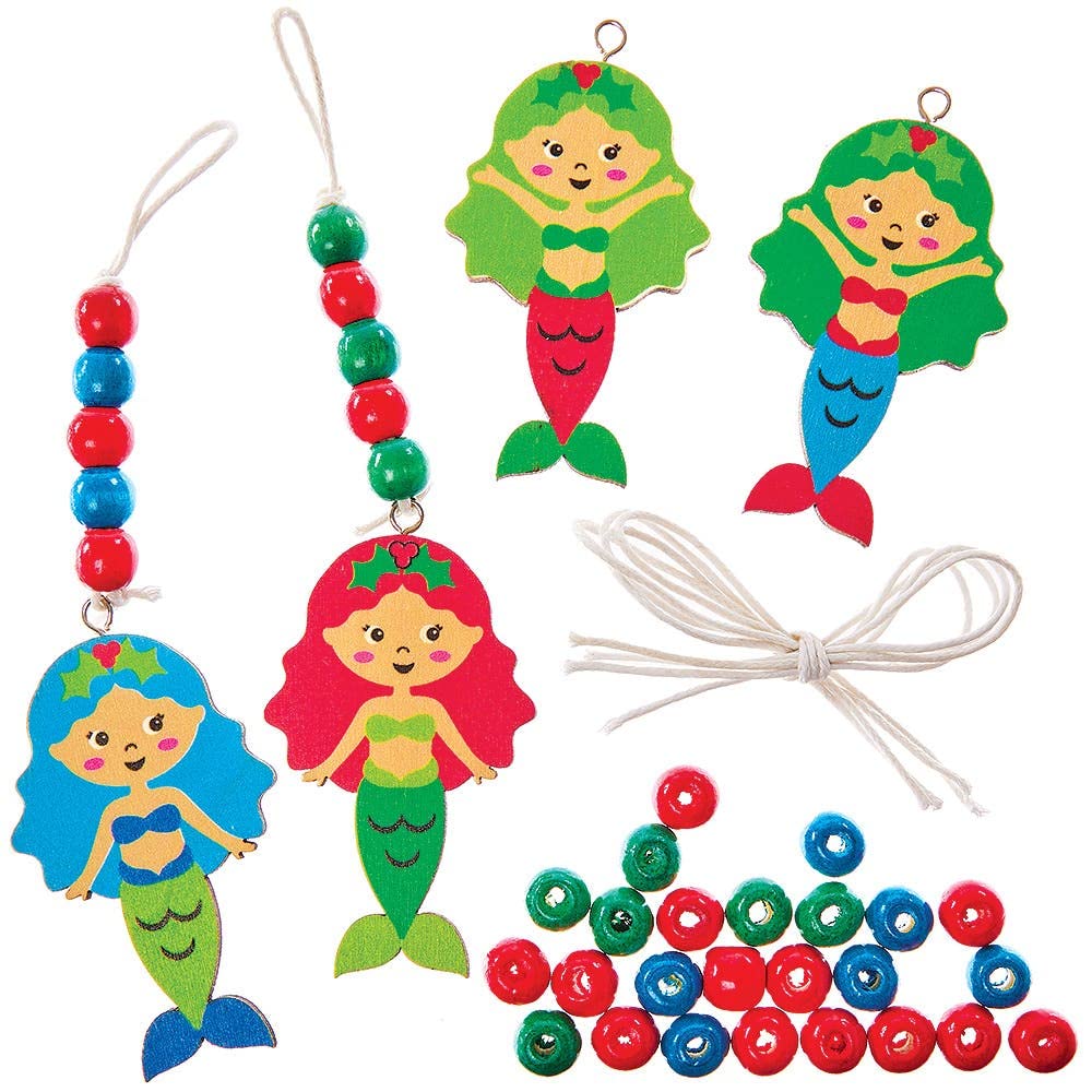 Baker Ross FX372 Christmas Mermaid Bead Decoration Kits - Pack of 4, Wood Craft Decorations for Kids Christmas Party, Arts and Crafts for Kids