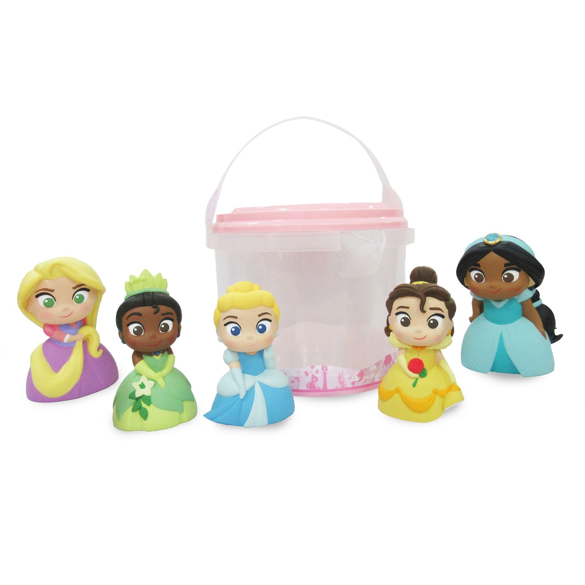 Disney Store Official Disney Princesses Bath Toy Set, 5 Pc, Includes Rapunzel, Belle, Cinderella, Jasmine and Tiana, Bucket with Straining Lid, Bath, Garden and Paddling Pool Toy, 6 months+