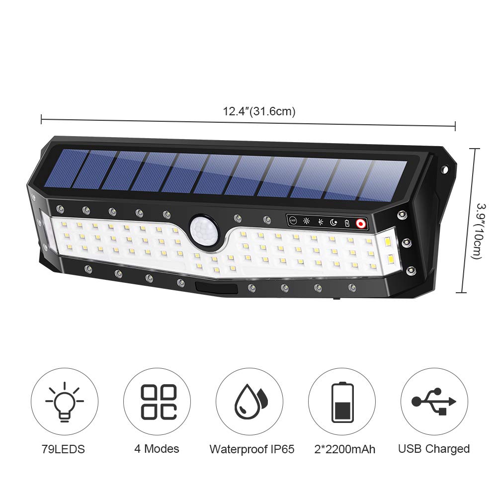 Solar Security Lights Outdoor，79 LED Motion Sensor Super Bright Wall Lights,4 Lighting Modes,Weatherproof, Wide Angle for Yard, Driveway, Garage, Pathway,Garden,Solar and USB Powered