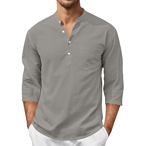 Mens Linen Henley Shirts Half Sleeve V Neck Solid Vacation Tops Stretchy Casual Summer Beach Tee Shirts with Pocket
