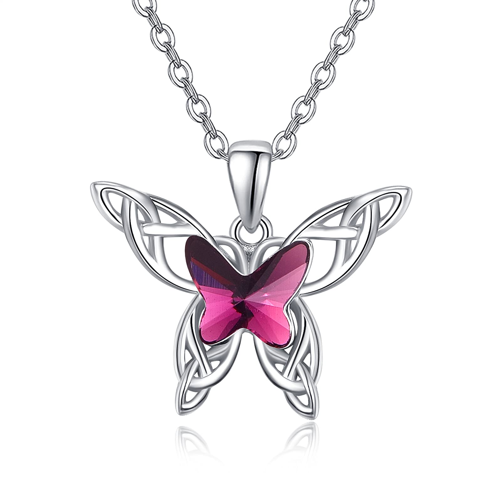 KINGWHYTE Butterfly Pendant Necklace 925 Sterling Silver for Women Girls, Purple Crystals Celtic Knot Necklaces with Gift Box