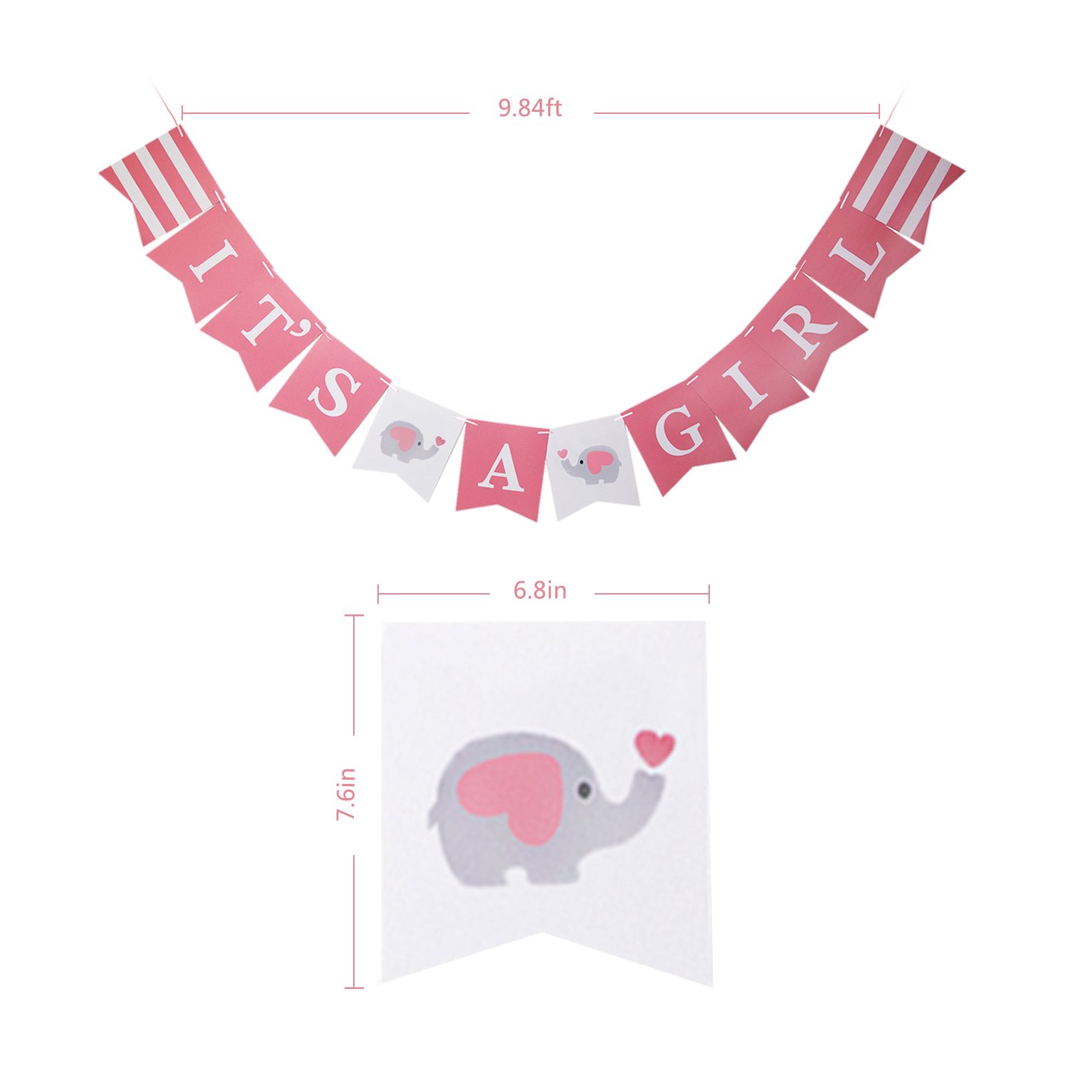 DinoPure IT\'S A Girl Paper Garland Bunting Banner Christening Pink Decorations For Baby Girl Shower Elepant Birthday Party Favors Photo Prop