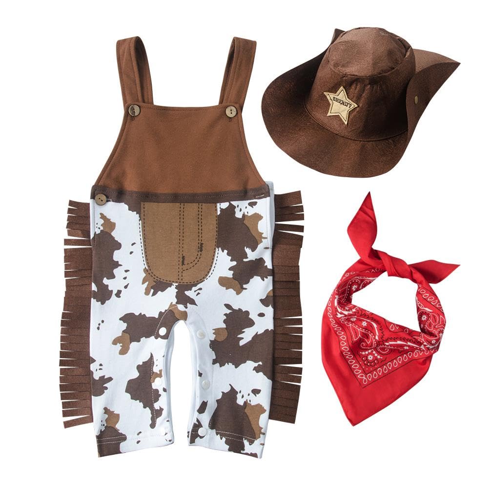 Lito Angels Cowboy Dungaree Costume Outfit Fancy Dress Up Set with Red Bandana and Sheriff Hat for Baby Boys Age 0-3 Months (Tag Number 70)