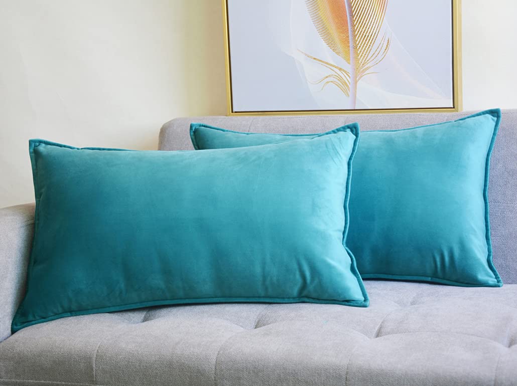 Lutanky Velvet Cushion Covers 30 x 50 cm Peacock Blue Decorative Rectangle Throw Pillow Case (Pack of 2) Soft Oblong Piped Pillowcases for Sofa Bedroom with Invisible Zipper 12x20 Inch