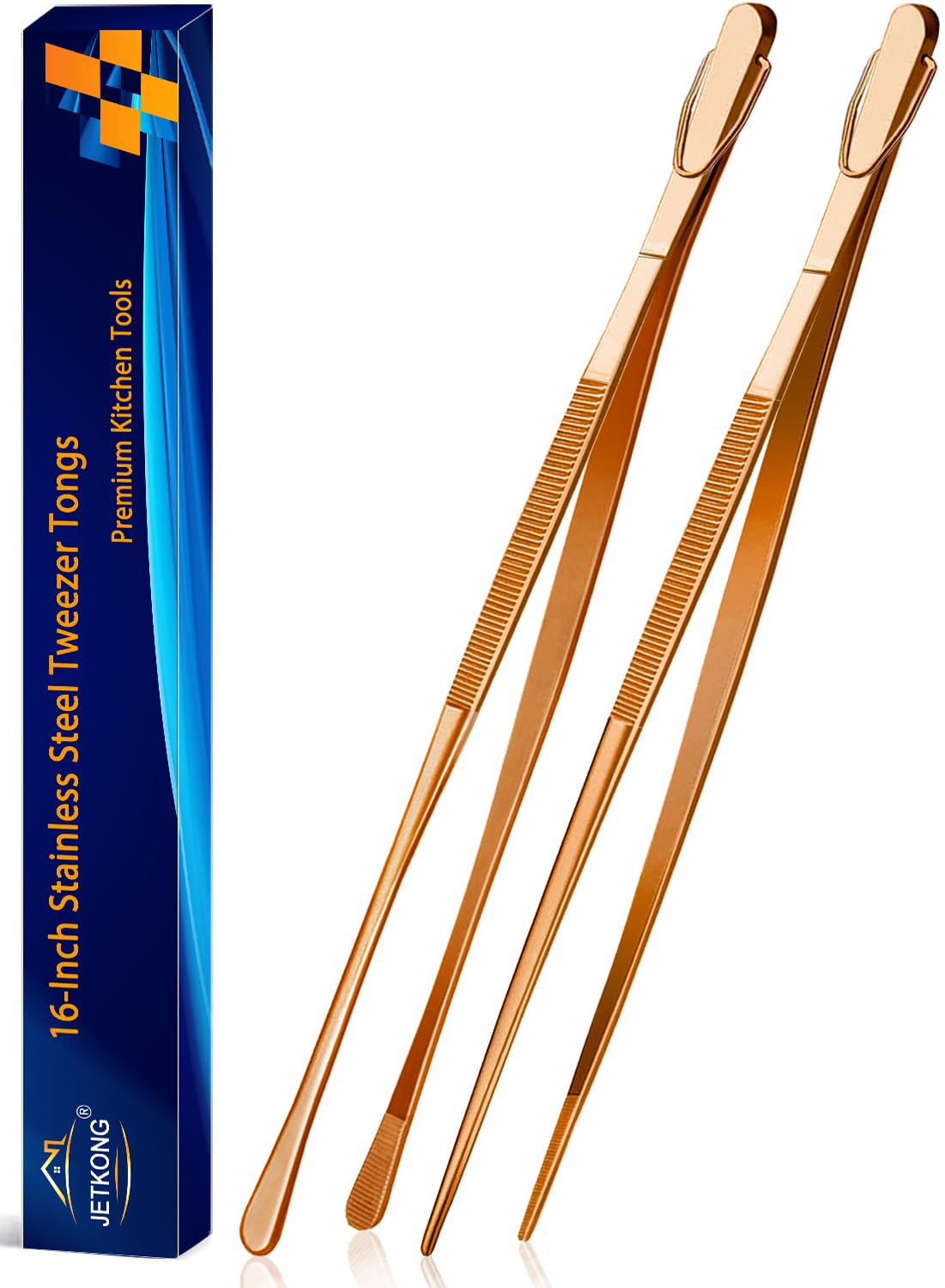 JETKONG 2 Pcs 16-Inch Extra-Large Kitchen Tweezers Gaint Stainless Steel Food Tweezers Extra Long Kitchen Tweezers Tongs (Rose Gold)
