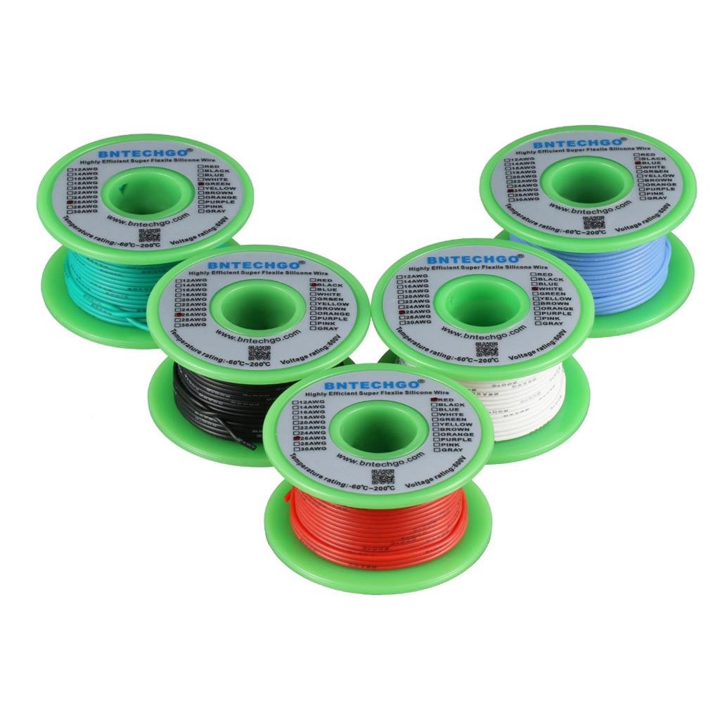 BNTECHGO Ultra Flexible 26 Gauge Silicone Wire Spool 5 Color Red Black White Blue Green High Resistant 200 deg C 600V Electronic Wire 26 AWG Stranded Wire 30 Strands Tinned Copper Wire Hook Up