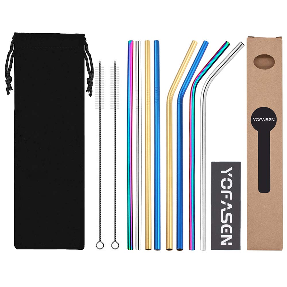 YOFASEN Reusable Straws Set - Metal Straws Multicolor Stainless Steel Straws 8.5 inch Drinking Straws for Cocktails Smoothies Hot Drinks, Style 3 - Set of 8