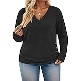 ROSRISS Plus-Size-Tops for Women Casual Long Sleeve Shirts Loose Fit V Neck Button Blouses Dressy Pullover Tunics XL-5XL