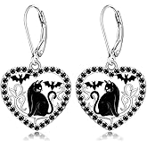 Halloween Cat Earrings for Women Black Cat Earring Dangle Bat Sterling Silver Leverback Halloween Gifts for Women Jewelry Goth Birthday Gifts