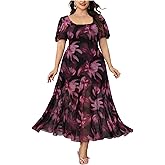 BEAUDRM Women's Plus Size Floral Mesh Long Dress Square Neck Puff Sleeve A Line Flowy Cocktail Wedding Guest Dress
