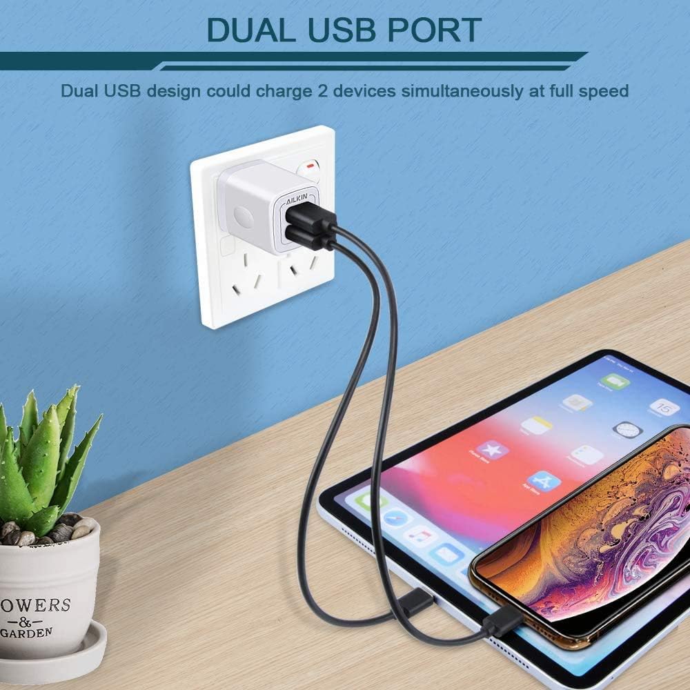 AILKIN USB Plug, Wall Charger Fast Charging Block, Power Adapter Cube 2 Port Charge Travel Brick Cell Quick Chargers Box cargador for iPhone SE, 11Pro Max, Samsung Galaxy, LG, iPad, X, 8, 7,6 Plus