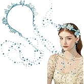 Blue Flower Headband Bohemian Flower Headpiece Adjustable Fairy Floral Crown Bride Wedding Garland Headpiece Pearls Elegant Decoration Headdress Non Slip Head Band for Women Girls