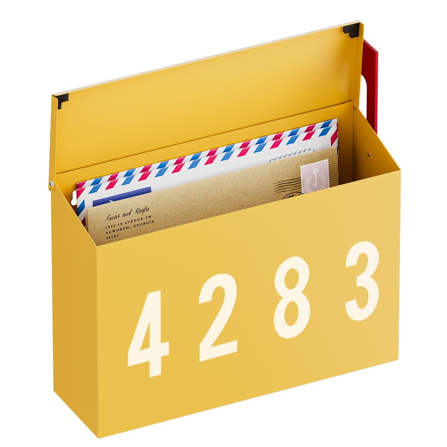 Photo 1 of LAND·VOI Wall-Mount Mailbox with One Flag Kit and Three Sets of 0-9 Mailbox Number Stickers, Mailboxes for Outside, Galvanized Steel Rust-Proof Metal Post Box, 4.33" Dx14.2 Wx10.43 H, Yellow
