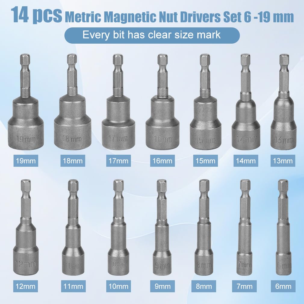 imatenn 14 Stück Steckschlüssel Set 1/4, 6-19mm Nuss Set Magnetisches Sechskant Stecknuss set für Akkuschrauber, Schlagschrauber Nüsse mit Magnet Steckschlüsselsatz 1/4" zoll Bit Set 3