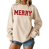 IZYJOY Christmas Women's Merry Graphic Sweatshirt Chenille Patch Letter Printed Crewneck Xmas Gifts Oversized Pullover Top