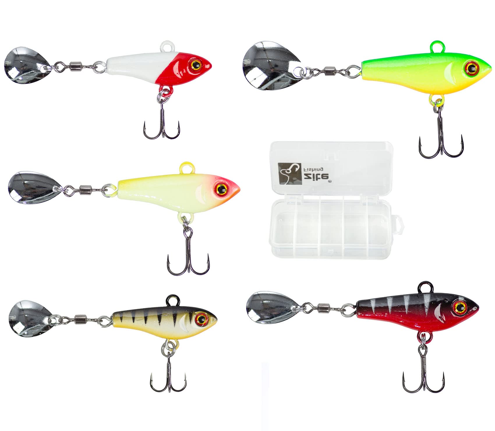 Zite Fishing Spin-Jigs Assortment 15-35 g – Jig Spinner Set 5 Pieces – Fishing Lure Perch Zander & Pike in Fishing Bait Box