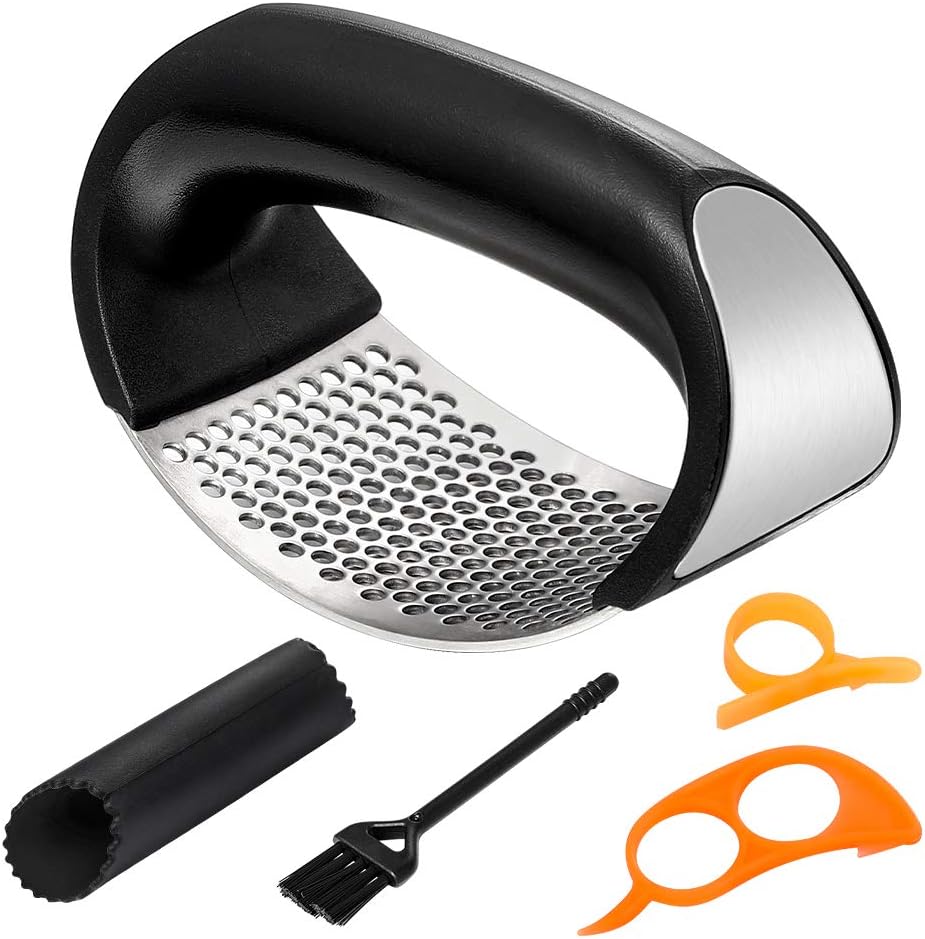 Knoblauchpresse, Wippe, 4 Stück, Küche, Edelstahl, Ingwer, Knoblauchwolf, Professioneller Knoblauchzerkleinerer mit Silikon-Rollenschäler, Orangenschäler und Reinigungsbürste, Schwarz