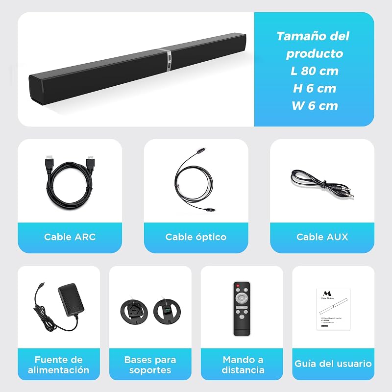 Barra de som de TV 2.0, barra de som separável 2 em 1 de 32 polegadas para dispositivos TV com 3 modos de equalização e 3 sons surround, ARC/Óptico/AUX, 1pcs — foto 8 de 8