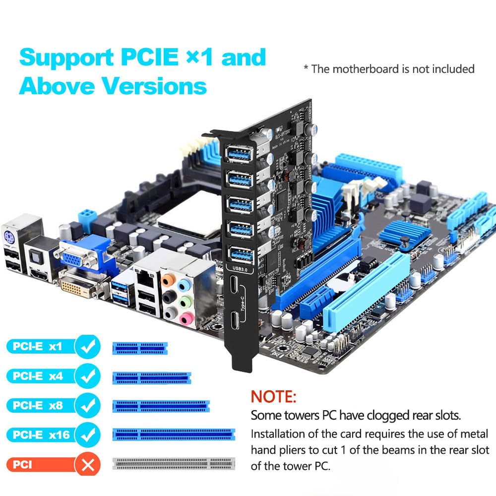 Yeeliya 7-Port Pcie Usb 3.0 Expansion Card Showing All Seven Usb Ports Including Two Type-C Connections