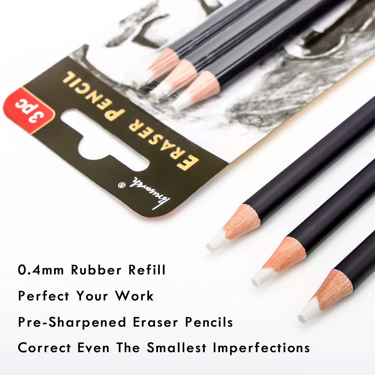 Brusarth 3pc Eraser Set - Fine Detail Eraser for Sketching, Charcoal Drawings & Colored Pencils