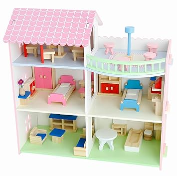 Webby Pretend Play Wooden Doll House with Mini Figures for Girls