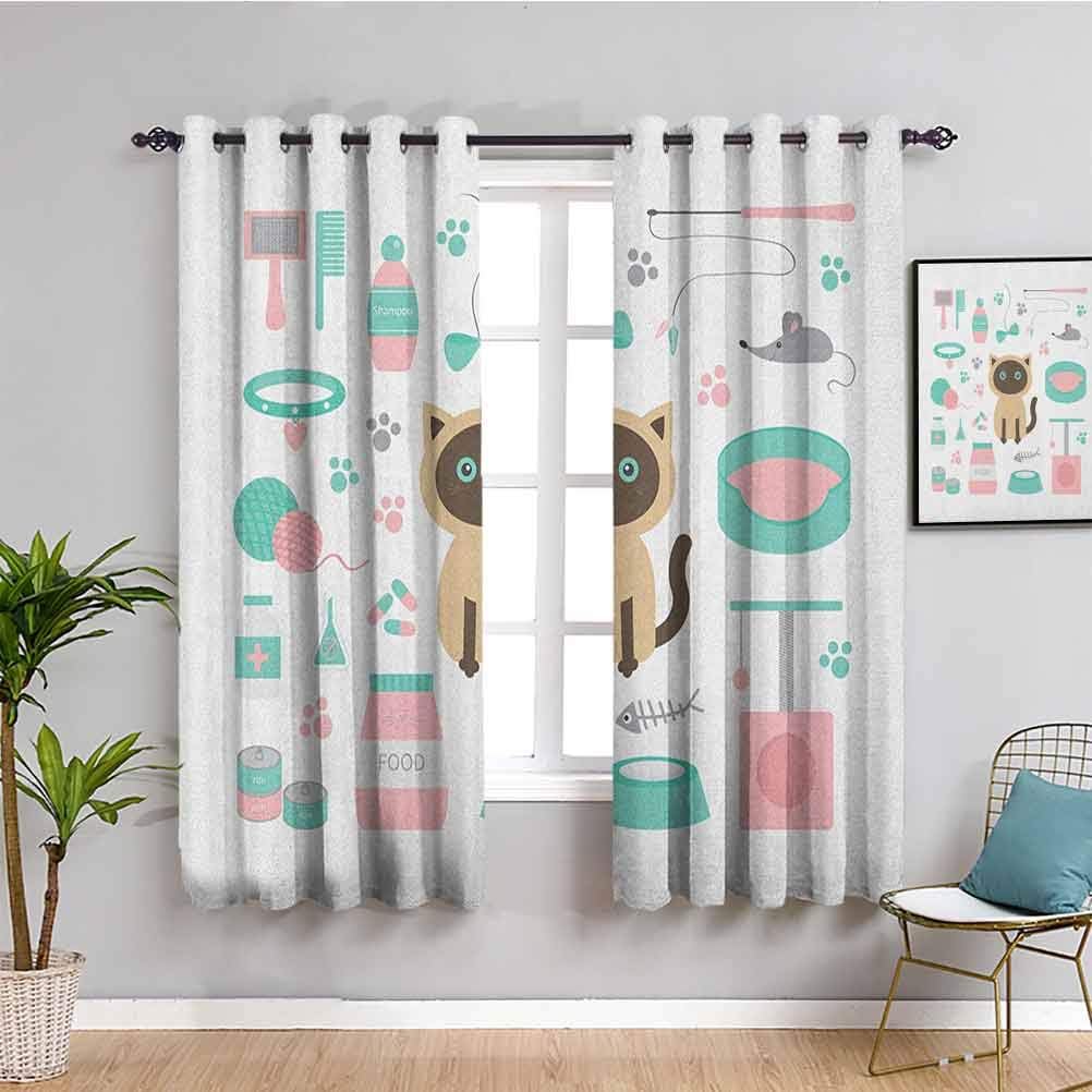 Cat Lover Kids Curtain, Curtains 39 inch Length Cartoon Style Surprised Looking Siamese Among Pastel Colored Cat Related Items Room Darkened Multicolor W55 x L39 Inch
