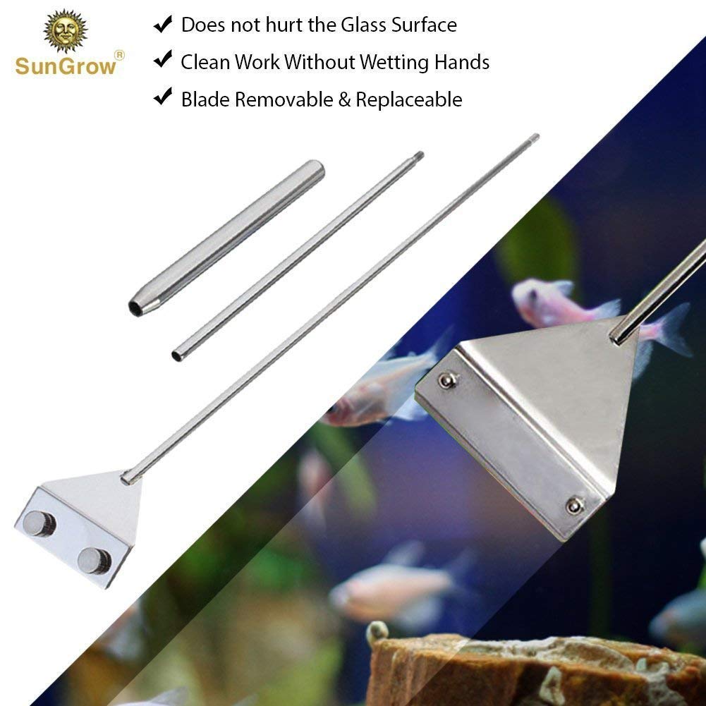 Aquarium Algae Cleaning Razor -- Keep hands dry & contamination-free - Stainless steel design ensures corrosion resistance - 2 BONUS handles for extra length - Removable and replaceable blade