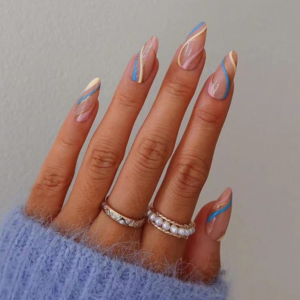 Sethexy Swirl Almond False Nails Wave Line Stiletto Stick on Nails Abstract Blue Fake Nails 24Pcs Acrylic Art Press on Nail Tips for Women and Girls — image 1
