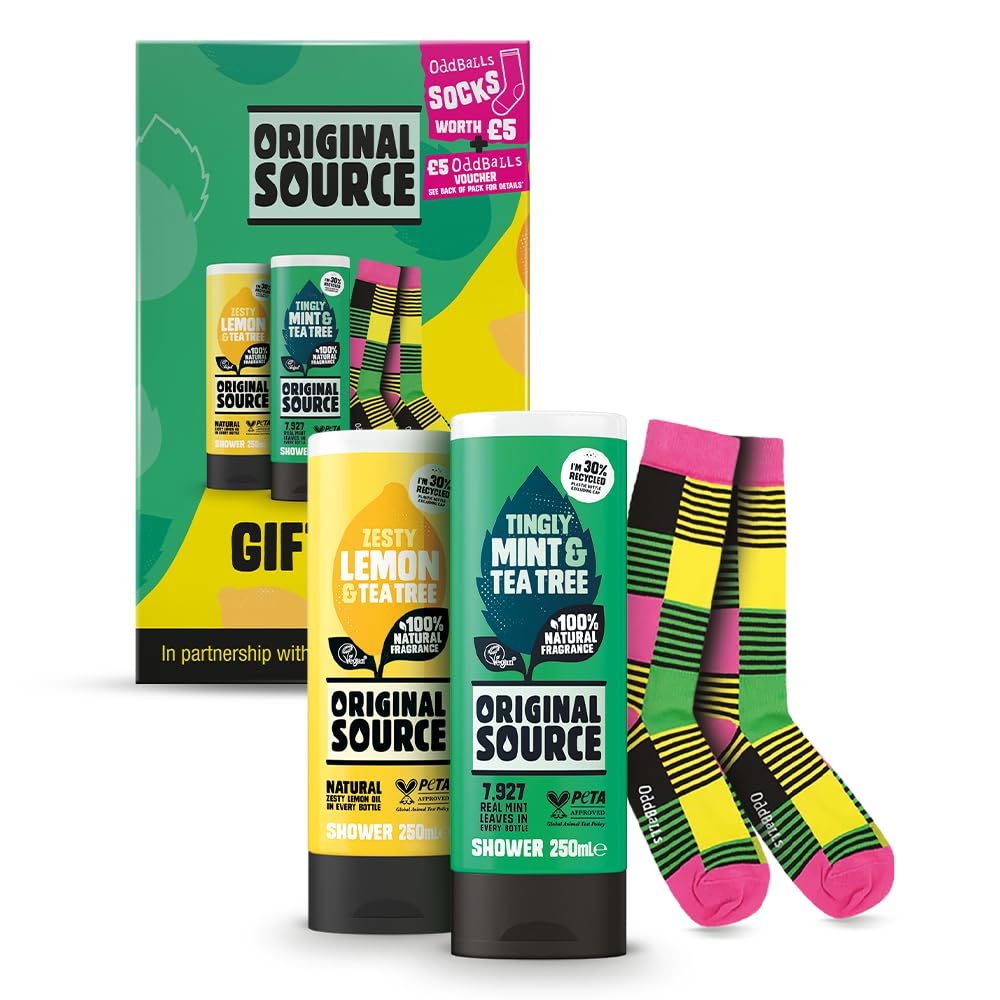 Original Source x Oddballs Gift, Set Mint & Tea Tree Shower Gel, Lemon & Tea Tree Shower Gel, Oddballs Socks, Gifts for Men, 100 Percent Natural Fragrance, Vegan, Cruelty Free