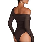 SweatyRocks Women's One Shoulder Bodysuit Long Sleeve Asymmetrical Backless Body Suits Leotard Tops