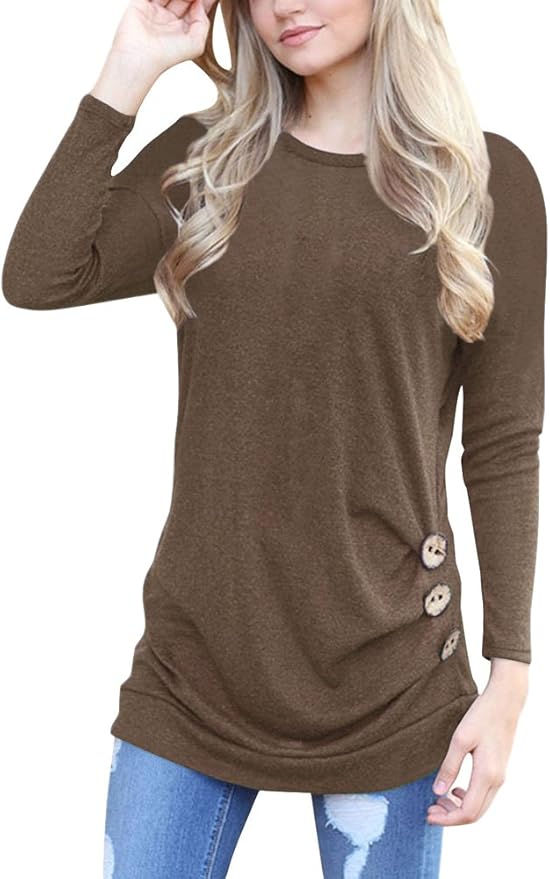 Women's Comfy Side Buttons Decor Long Sleeve T Shirt Tunic Tops US Size