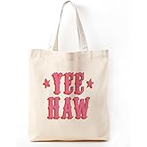 Zeghk Hot Pink Yee Haw Canvas Tote Bag - Cowgirl Gift, Reusable Grocery Bag