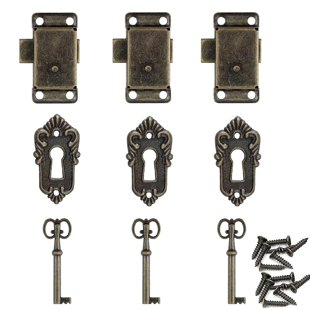 3 Sets Vintage Lock Set,Antique Cabinet Door Lock Vintage Cabinet Door Locker with Key,for Antique Furniture Retro Cabinet Cupboard Jewelry Box with Screws(Bronze)