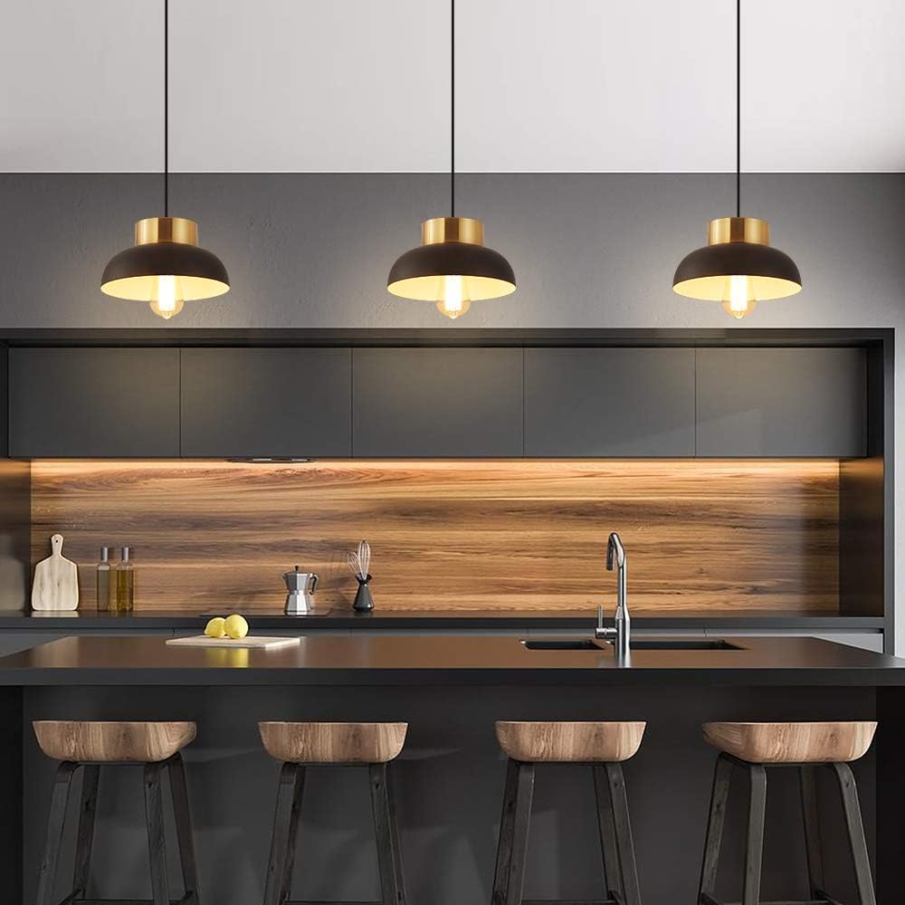 Black and Gold Pendant Lighting, Modern 1-Light Adjustable Pendant Light, Minimalist Ceiling Hanging Lamp for Kitchen Island, Barn, Dining Room, Living Room, Bedroom - - 