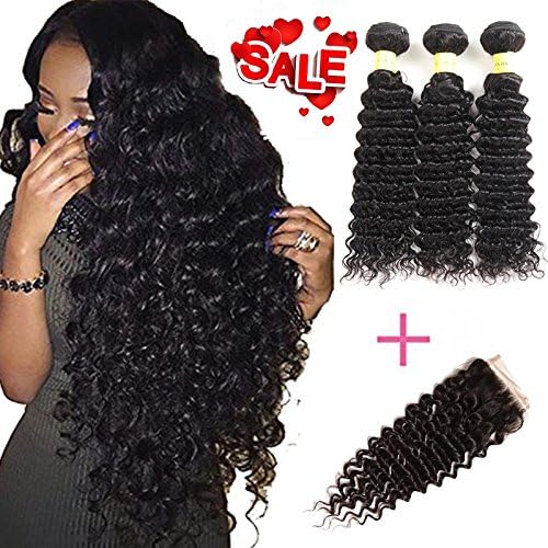 YePei Brazilian Virgin Deep Wave Hair 3 Bundles With Free Part Lace Closure 100% Unprocessed Human Hair Weave Weft(8 8 8 with 8)