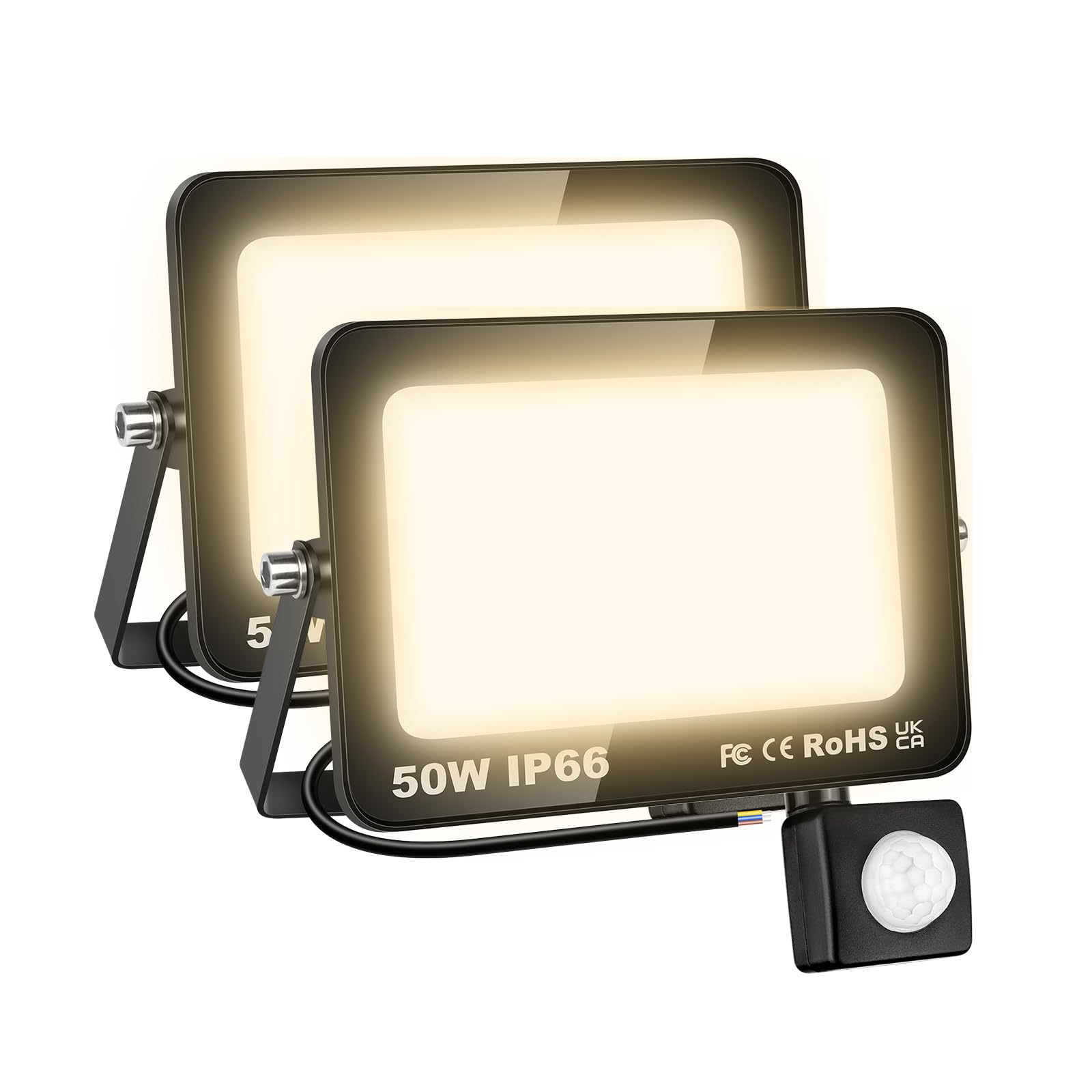 AUXTINGS 2 Pieces 50W LED Floodlight with Motion Sensor, 5000LM Outdoor Security Lights,4000K Warm White Outside Spot Light,IP66 Exterior Lighting for Yard Backyard House Court Stadium Parking