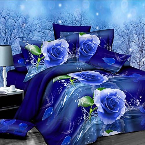 4pcs Suit Polyester Fiber 3D Blue Rose Flower Reactive Dyeing Bedding Sets Queen King Size