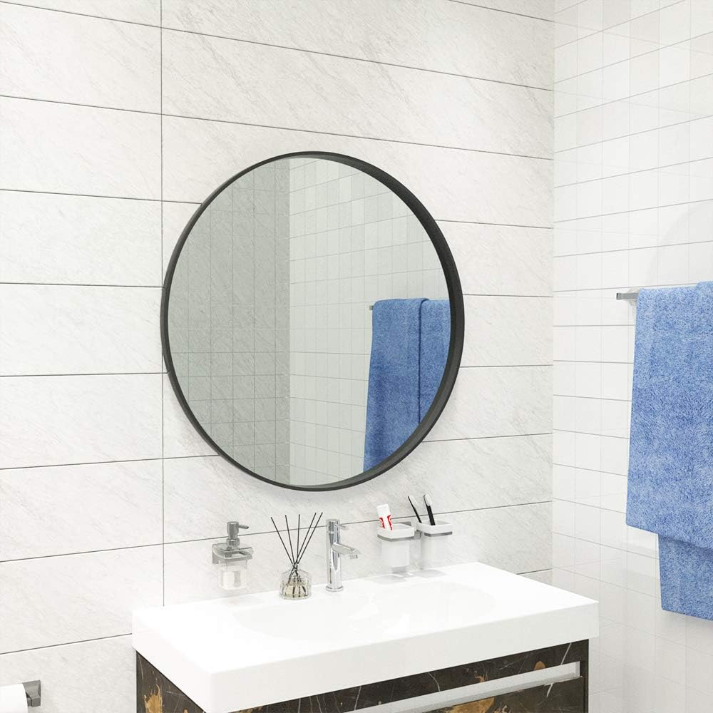 KAASUN 26-Inch Large Wall Mounted Round Mirror Premium Brushed Metal Coated Frame Black Wall Mirror for Washroom, Entryways, Living Rooms: Furniture & Decor