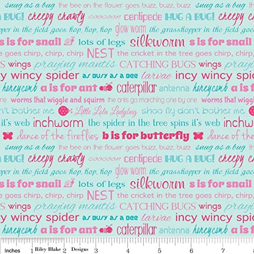 1 Yard Snug AS A Bug by Melly & Me from Riley Blake C3494 Aqua Insect Words 100% Cotton Quilt Fabric