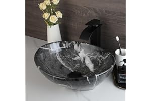 KECTIAKL Black White Marbling Bathroom Vessel Sink,16 Inch Ceramic Vessel Sink with Waterfall Faucet and Pop-up Drain Combo,Oval Bathroom Sink Bowl Above Counter with Mixer Tap