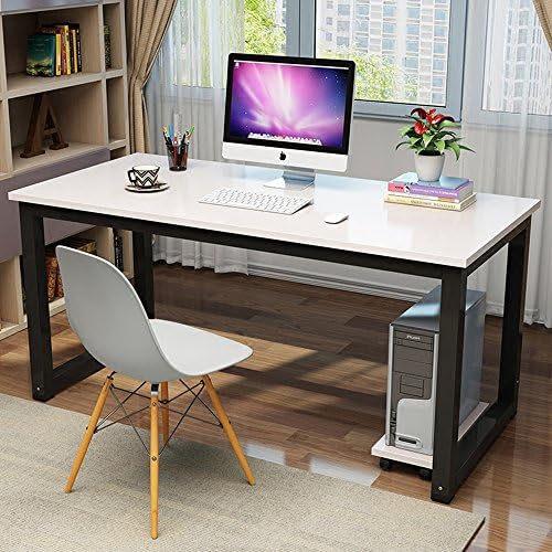 Modern Computer Desk 47" Simple Style PC Laptop Sturdy Wooden Study Office Training Meeting Desk for Home Office School, White + Black Leg