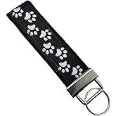 Black Paw Prints Key Chain, Paw Prints Key Fob, Kitty Fabric Key Holder, Dog Keychain on Black Background