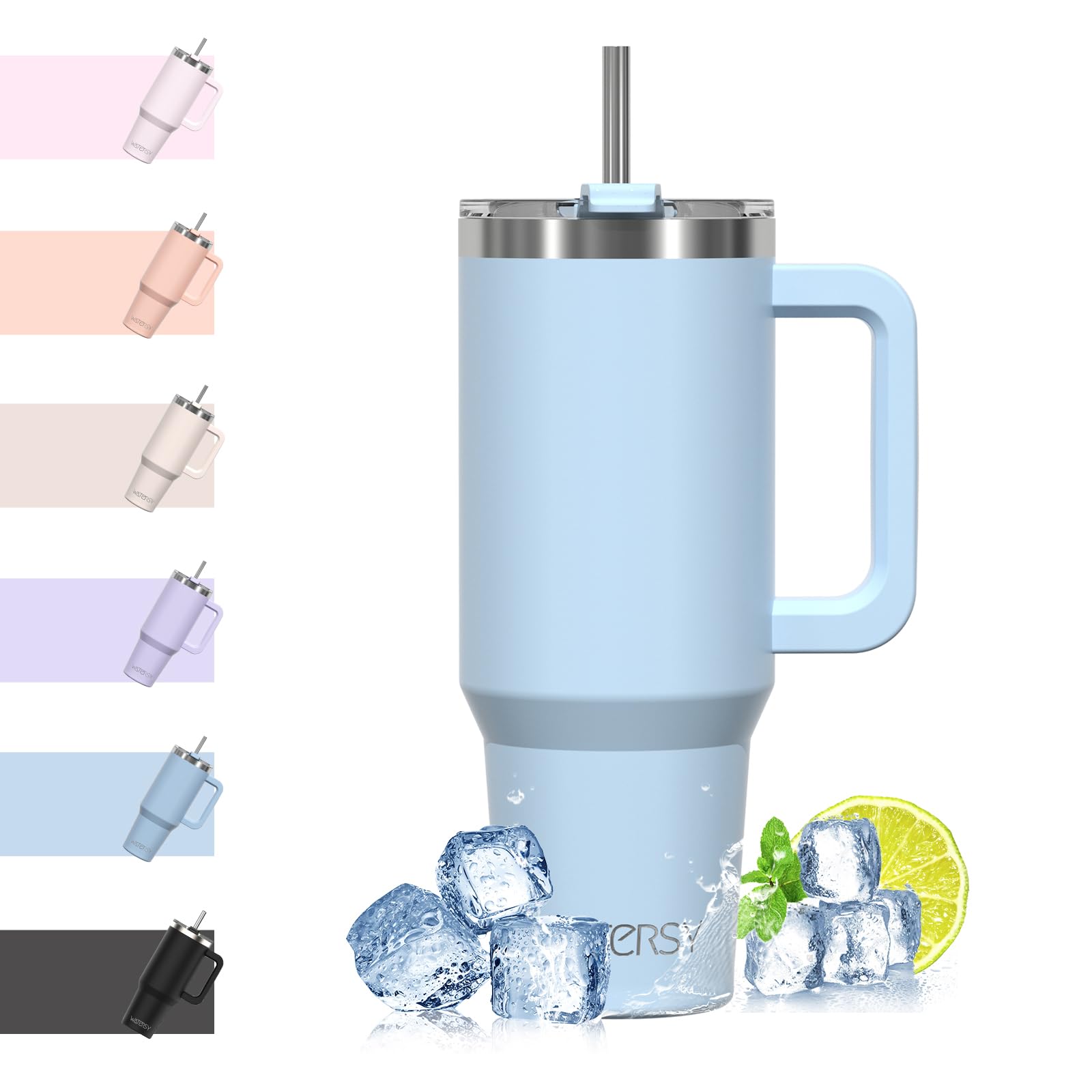 WATERSY Travel Mug Coffee Cup 40oz Tumbler Straw Lid and Handle, Stainless Steel Double Wall Vacuum Insulated Coffee Water Bottle Thermal for Cold Hot Coffee 1182ml Blue